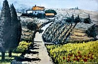 Close-up of the art print showing the rural landscape scene with houses, trees, and fields