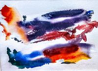 Detail of abstract watercolor showing two horizontal color washes in purple, red, blue, and orange hues on white paper