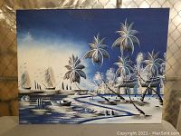 Full view of blue and white tropical seascape painting showing coastal scene with palm trees, huts, boats and sailing ships.