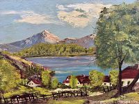Full view of oil painting showing the landscape scene with houses, trees, lake and mountains.