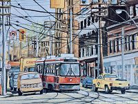 Close-up of the printed artwork showing a Toronto street scene with vintage streetcar and vehicles, detailed buildings and overhead wires.