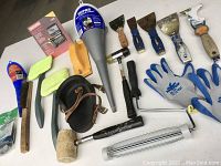 Overview of all painter tools including funnels, scrapers, brushes, gloves, mallet, and Craftsman mini driver bit set.