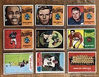 Nine vintage CFL football cards laid out, featuring various players and team images.
