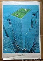 Front view of the tennis rooftop scene on skyscraper signed by Mordillo, showing the entire poster and surrounding buildings with tennis balls.