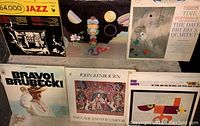 Top shelf records including 64,000 Jazz Columbia 4 LP, Dave Brubeck, John Renbourn, Piano Modern and Bravo! Brubecki albums.