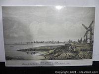 Full front view of the 1834 Toronto print showing waterfront, windmill, boats, and pathway with figures.