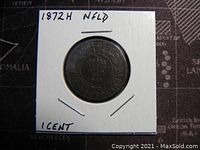 Reverse view of 1872H Newfoundland large one cent coin showing denomination and wreath design in mounted cardboard holder.
