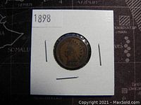 Front (obverse) side of the 1898 Indian Head penny showing the Indian Head design and date.