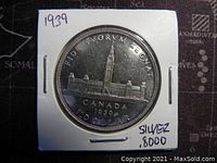 Obverse side showing Canadian Parliament building, date 1939, and silver content marking of .8000.