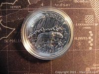 Close-up of the polar bear design on the 1980 Canadian Silver Proof 1 Dollar coin.