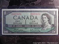 Front side of the 1954 Canadian one dollar banknote with Queen Elizabeth II portrait and serial number 0373870.