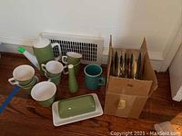Full lot showing coffee set with pot, cups, butter dish, MCM shaker, and boxed modern flare drinking cups
