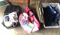 Photo showing the full lot, including Conair hand steamer, Resmed H4i humidifier, two totes, pillbox, and briefcase.