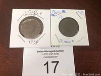 Two pennies side-by-side in holders: 1936 Newfoundland penny and 1864 New Brunswick penny, both identified with written notes on holders.