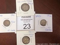 Four Newfoundland silver dimes in coin holders showing years 1912, 1941, 1946, and 1947C with a MaxSold auction card in center.