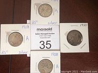 Four Canadian silver quarters dated 1918, 1920, 1937, and 1938 shown in coin holders labeled '25 silver' and a detailed close-up of the 1937 quarter with caribou design.