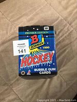 Full unopened 1990 Bowman Hockey Bubble Gum card box with label and graphics visible, showing front of box with pricing and branding.
