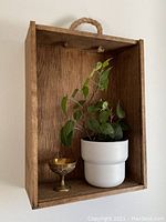 Front view of wooden crate wall shelf containing a white plant pot with a green leafy plant and a small brass cup. Shows rustic walnut stain finish and rope handle on top.