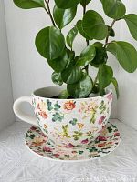Large ceramic teacup styled plant pot with floral design and leafy plant inside