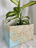 Front and side views of sturdy wooden wall planter showing textured vintage 1970s Vancouver Island map in relief on three sides with blue ocean color and beige land. White interior and hanging hole visible.
