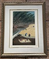 Full view of the framed Japanese wood block print showing the entire artwork and frame.