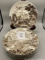 Set of 8 vintage Ridgway Country Days dinner plates stacked with one plate on stand showing brown transferware pastoral scene with trees, houses, water and birds.