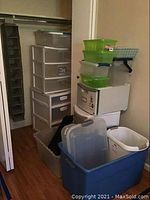 Photo showing various stacked plastic storage containers including clear drawer units, a blue tote without lid, white trash can, green plastic containers and a hanging fabric shoe organizer in a closet