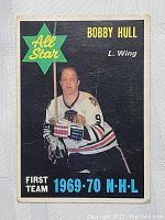 Front view of the Bobby Hull 1969-70 NHL All-Star hockey card showing Hull in Chicago Black Hawks uniform and All Star formatting.