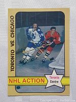 Front of 1972 NHL action card featuring Dave Keon (#14) of Toronto Maple Leafs versus Chicago player (#2). Card has "TORONTO VS. CHICAGO" and "NHL ACTION" marking with star showing "Toronto Centre."