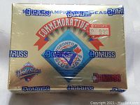 Front of factory sealed commemorative box, showing Donruss branding, Toronto Blue Jays logo, and 1992 World Series markings, with price sticker visible.