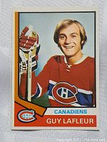Front of vintage hockey card showing Guy Lafleur in Canadiens uniform.
