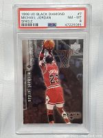 Front view of 1998 UD Black Diamond Michael Jordan card graded NM-MT 8 by PSA.