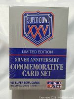 Front of sealed Super Bowl XXV Silver Anniversary Commemorative Card Set box with NFL Pro Set branding and indication of 160 cards included.