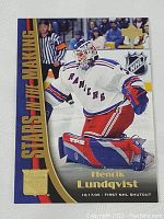 Front side of Henrik Lundqvist rookie card showing goalie in New York Rangers uniform in action.