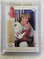 Front of 1996 Upper Deck Joe Thornton rookie hockey card showing player in Toronto Maple Leafs jersey with rookie card and CHA Draft Class gold foil text.