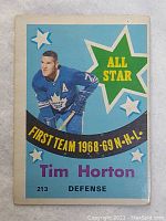 Front of the 1968-69 Tim Horton O-Pee-Chee hockey card, showing Tim Horton in Toronto Maple Leafs jersey with All Star text and team info.