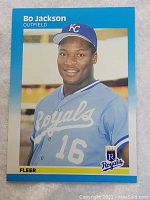 Front of the 1987 Fleer Bo Jackson rookie card showing player portrait, team logo, and rookie symbol.