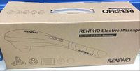 Cardboard box packaging for the RENPHO cordless electric massager with images showing device and exchangeable massage heads.
