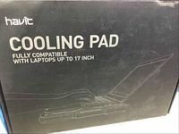 Box showing brand Havit, cooling pad compatible with laptops up to 17 inch