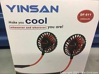 Box of Yinsan DF-611 dual portable fan with battery capacity and marketing text