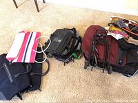 Pink striped tote bag, black backpack, and burgundy luggage bags, with other bags grouped together on carpeted floor
