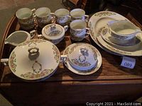 Photo of multiple pieces of Tirschenreuth Bavarian china including coffee cups, covered dishes, platters, plates, and gravy boat.