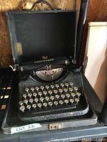 Vintage Underwood typewriter in an open black case showing keys and mechanism.