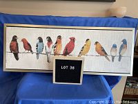 Full view of the framed Bird on a Wire print showing colorful birds perched on a wire with silver frame.