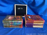 Stack of Deltora Quest series paperback books with visible spine titles and colorful covers, arranged next to a letter board with lot number.