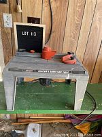 Front angle full view of the Hirsh router and sabre saw table showing its structure and brand label.