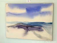 Front of painting showing abstract coastal seascape in blue, purple and white