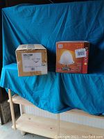 Photo of two unopened boxes of light fixtures on a blue cloth background, one from Porteoli with frosted ribbed glass shade, the other Murry Feiss WB-1100.