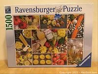 Front of puzzle box with image of pasta types and ingredients collage, shows sealed packaging