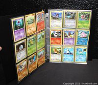 Open black binder showing plastic sheets with Pokemon trading cards in each slot, 2 cards per slot front and back, cards feature various Pokemon characters and types.